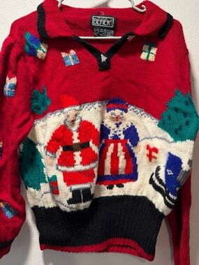Berek Red Holiday Crewneck Sweater with Santa and Festive Motifs